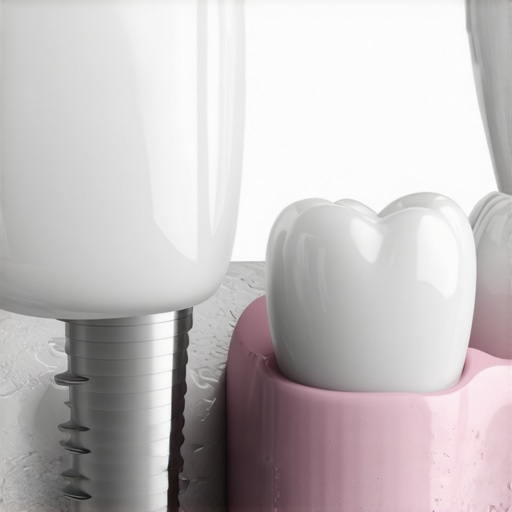 A close up showing a clean porcelain implant crown and healthy surrounding gums.