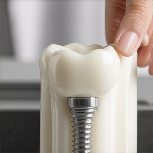 An anatomical model of a dental implant showing how the titanium post integrates with the jawbone