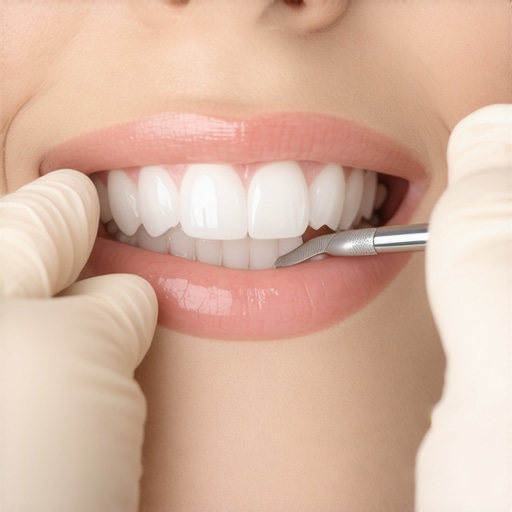 A close-up view of a dental professional shaping composite resin to close a tooth gap.