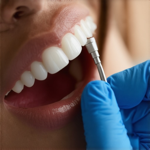 Dentist matching a shade guide to a discolored tooth A dentist evaluating a gray tooth with a shade guide in a dental office.