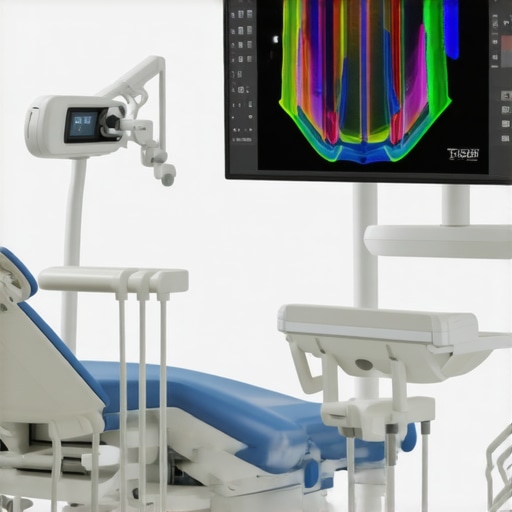 A 3D digital scan of a dental bite on a computer monitor in a dentist office.