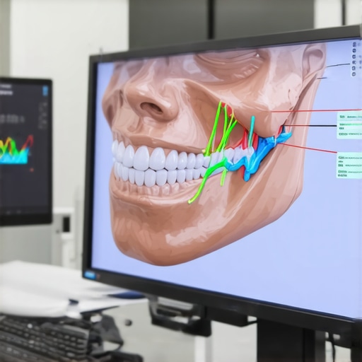 A 3D digital dental scan showing jaw alignment and bite pressure points.