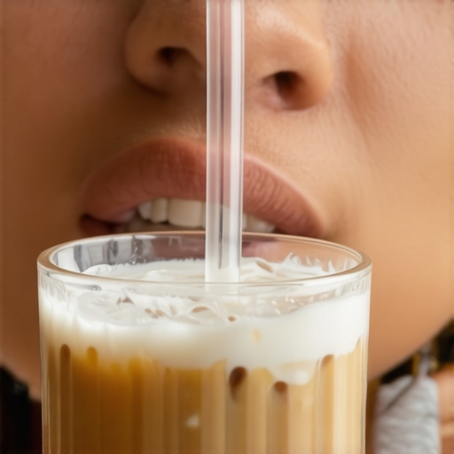 Drinking coffee with a straw during Invisalign treatment A person using a straw to bypass teeth while wearing clear aligners to prevent coffee stains.
