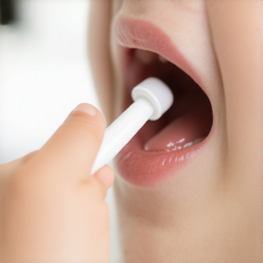 Parent showing how to use a tongue scraper on a child to eliminate bad breath bacteria.