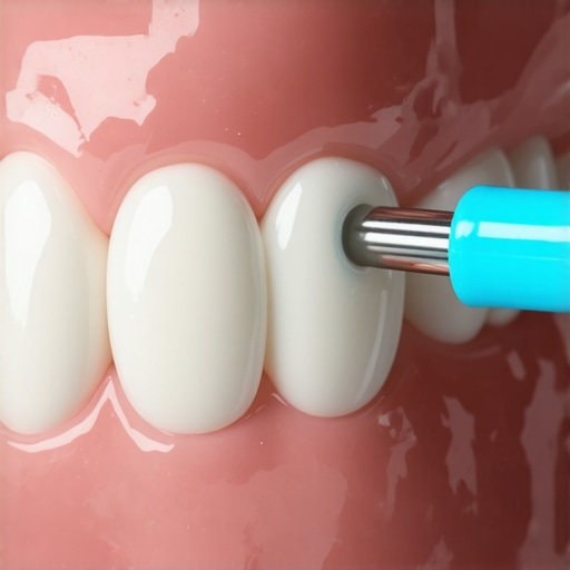 Effective way to use a floss threader under a dental bridge Macro view of a floss threader being used to clean under a fixed dental bridge