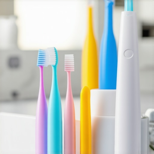 A collection of wide-grip interdental brushes and a water flosser designed for people with limited dexterity.