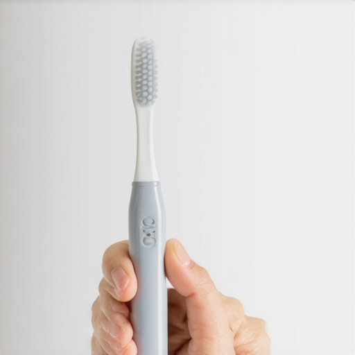 A person with arthritis using a foam-padded toothbrush handle for better grip.