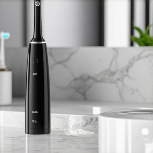 A sonic toothbrush and water flosser on a marble countertop