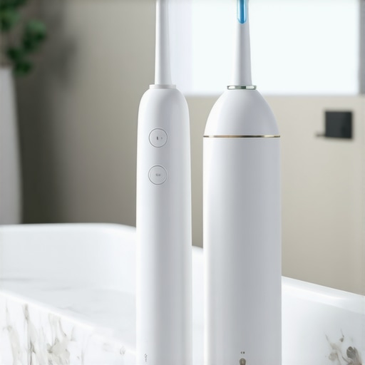 Modern ultrasonic toothbrush and water flosser on a bathroom counter