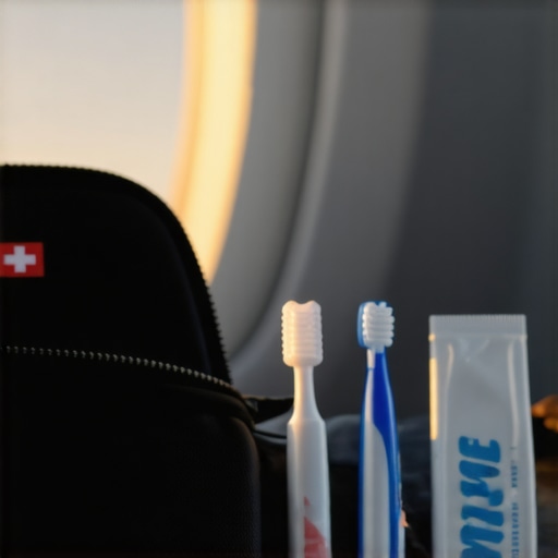 Essential In-Flight Dental First Aid Kit A travel kit with dental pain relief items on an airplane.