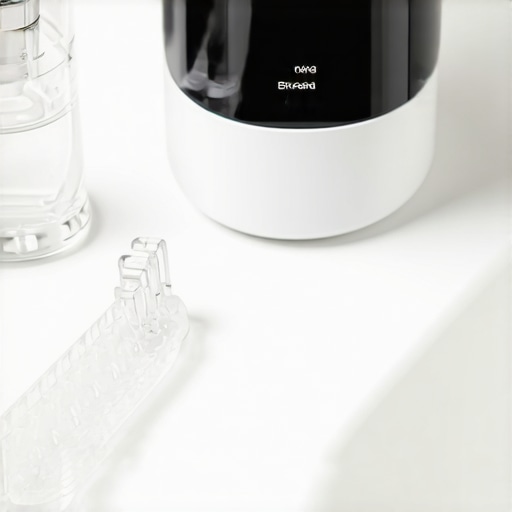 An ultrasonic cleaner and removal tool for clear aligners on a bathroom counter.