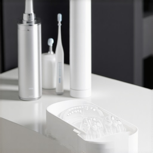 A collection of dental care tools including a water flosser and clear aligners on a bathroom counter.