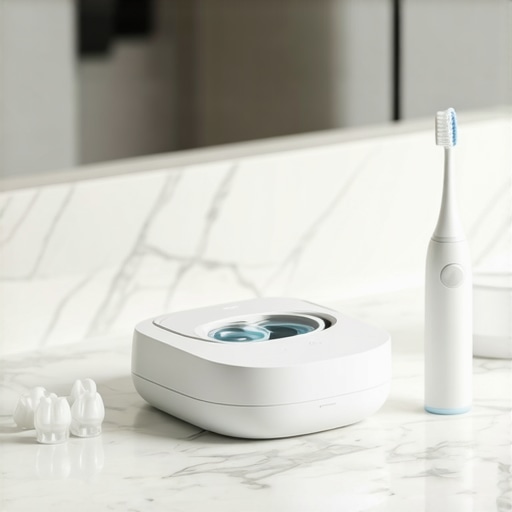 Ultrasonic cleaner and clear aligners on a bathroom counter for daily dental maintenance.