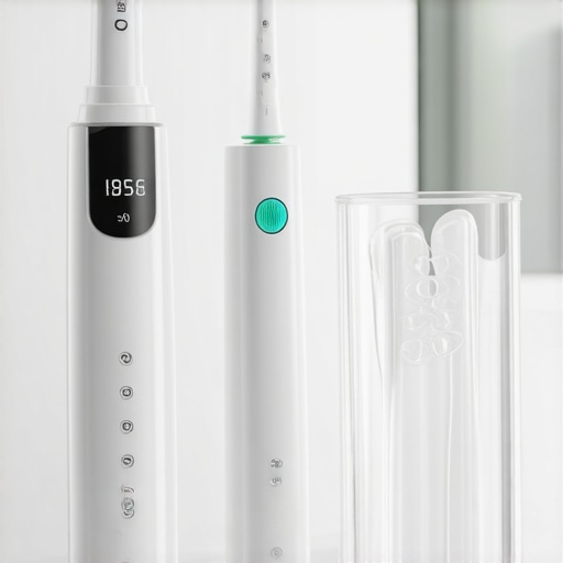 Modern dental care kit including electric toothbrush and water flosser on a bathroom counter.