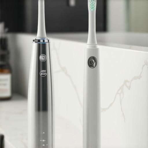 Modern water flosser and sonic toothbrush on a bathroom counter representing oral health maintenance.
