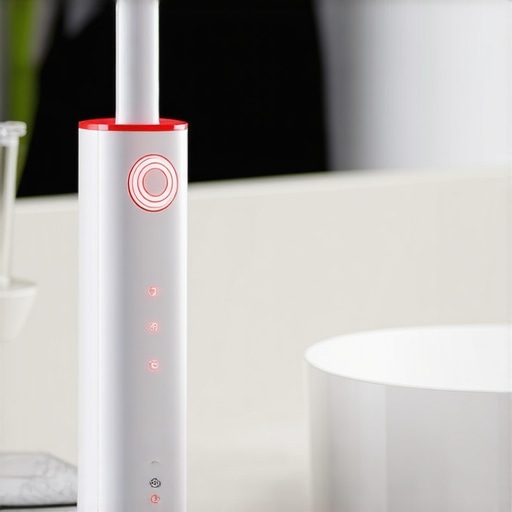 Close up of a pressure sensitive electric toothbrush and water flosser on a bathroom counter