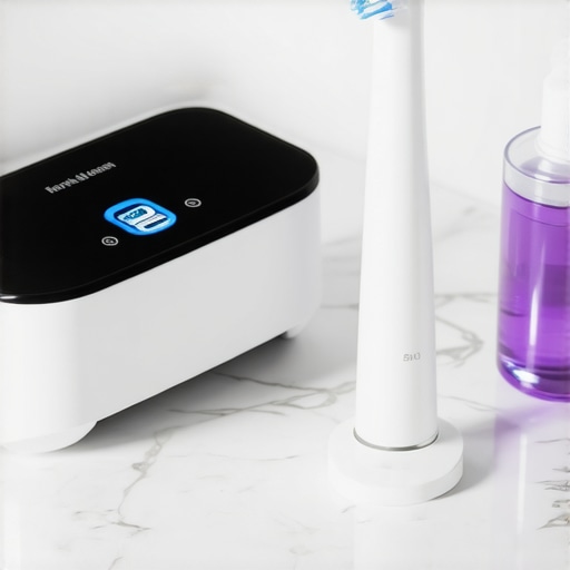 Modern dental tools including ultrasonic cleaner and electric toothbrush on a counter.