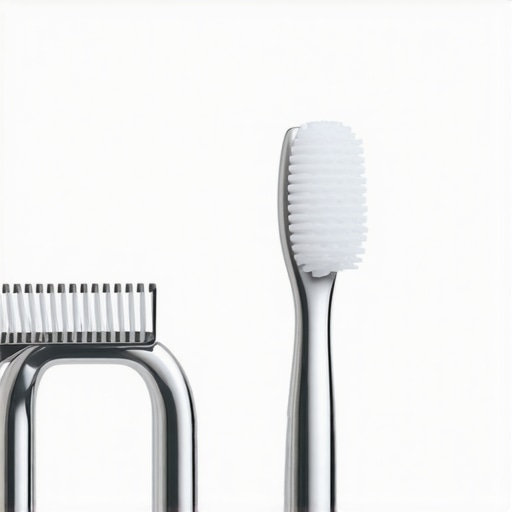 Essential Tools for Oral Hygiene A metal tongue scraper and toothbrush on a bathroom counter representing effective oral care.