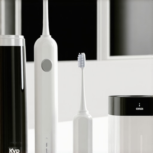 Essential Tools for Professional Level At-Home Dental Care Modern dental tools including a water flosser and ultrasonic cleaner on a bathroom counter.