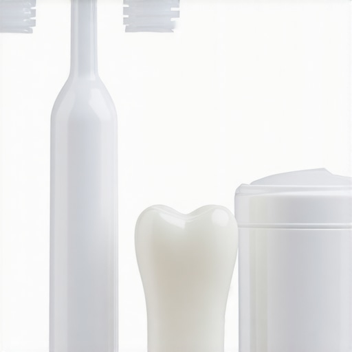 A dental floss threader, extra-soft toothbrush, and care container resting on a clean bathroom vanity.