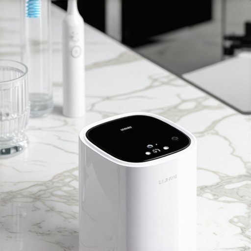 Essential tools for cosmetic dentistry maintenance Modern ultrasonic dental cleaner on a bathroom counter