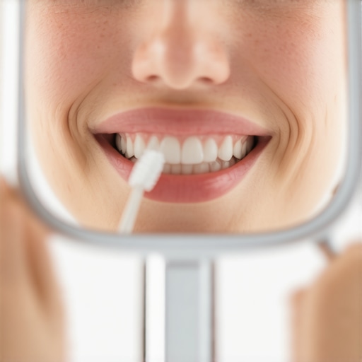 A person checking their teeth enamel in the bathroom mirror after brushing