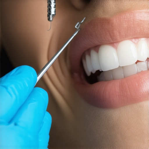 Examining the marginal integrity of dental bonding A dentist checking the seal of a composite resin bond on a front tooth to ensure no staining or decay is present.