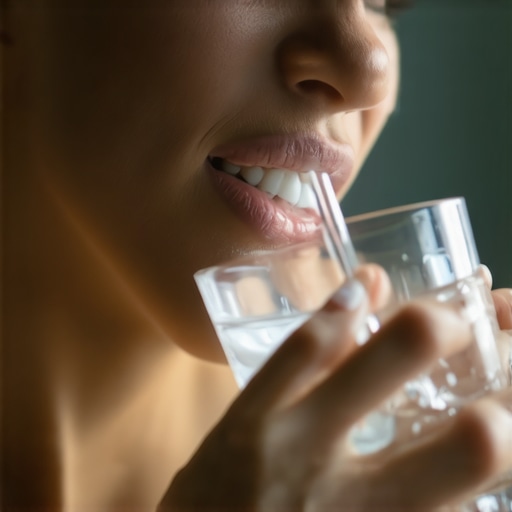A person carefully rinsing their mouth to maintain hygiene for a loose tooth.