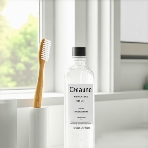 A bottle of alcohol-free mouthwash and a bamboo toothbrush on a bright bathroom vanity