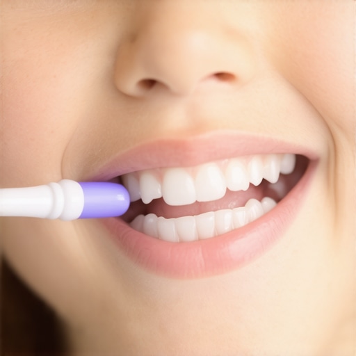Gentle Toddler Toothbrushing Technique An ultra-soft pediatric toothbrush gently cleaning a toddler's teeth without applying heavy pressure.