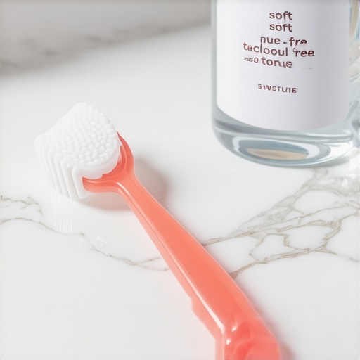Soft silicone tongue cleaner and alcohol-free mouthwash for sensitive geographic tongue maintenance.