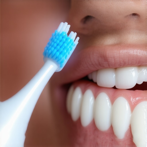 A close-up of a soft-bristled toothbrush cleaning teeth gently to prevent enamel wear and gum irritation.