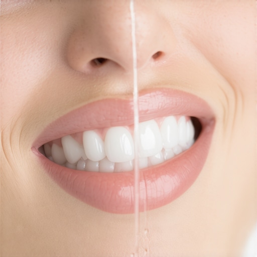 Gentle Water Flossing for Dental Bridges A person using a water flosser on a low setting to clean under a dental bridge safely.