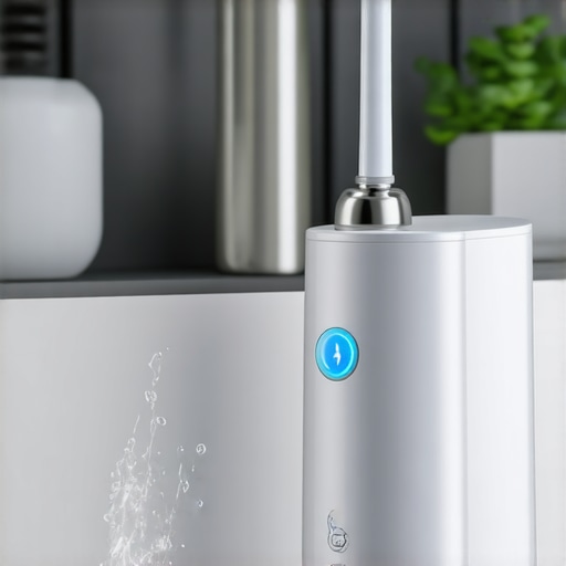 A water flosser using lukewarm water to clean around a dental implant to prevent cold sensitivity.