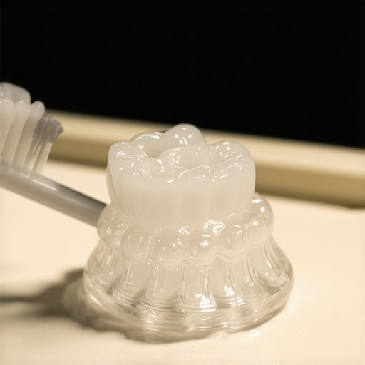 A person using a soft-bristled toothbrush to clean a clear Invisalign tray to avoid micro-scratches.
