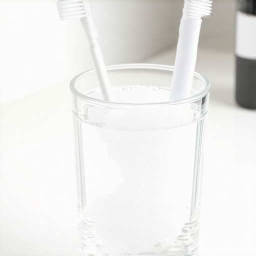 A glass of salt water and a soft toothbrush for treating inflamed gums.