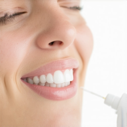 A close-up shot of a water flosser cleaning the gumline of a crowned tooth to reduce swelling.
