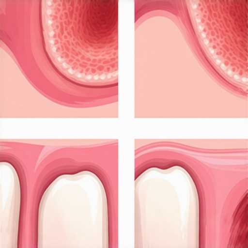 Healing Stages of the Human Palate Close-up illustration of the roof of the mouth showing oral mucosa healing after a thermal burn.
