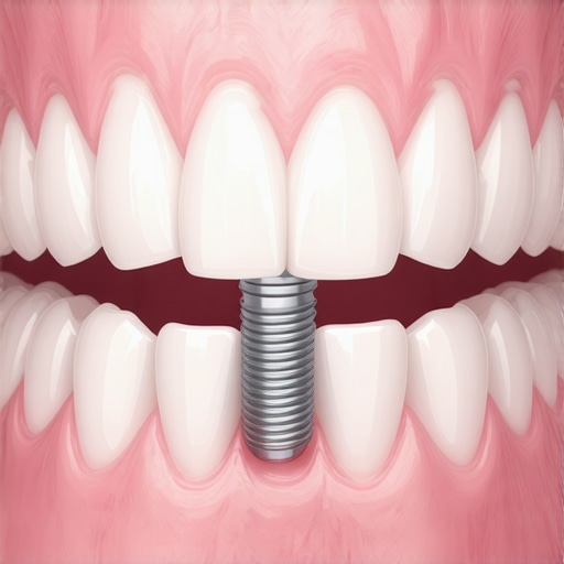 Close-up of a successfully integrated dental implant with healthy pink gums.