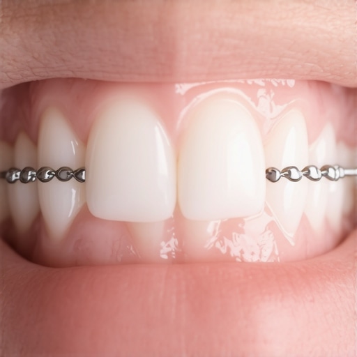 Close up of a clean permanent lower retainer showing healthy pink gums and no plaque