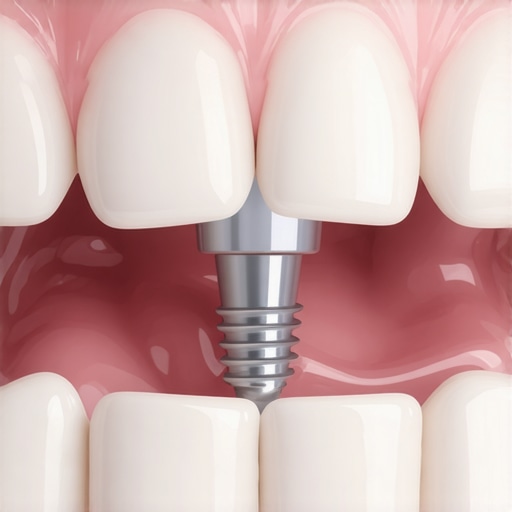 Close-up of healthy pink gum tissue surrounding a dental implant healing cap