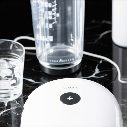 High-Tech Dental Maintenance Tools An ultrasonic cleaner and clear aligners on a marble bathroom counter