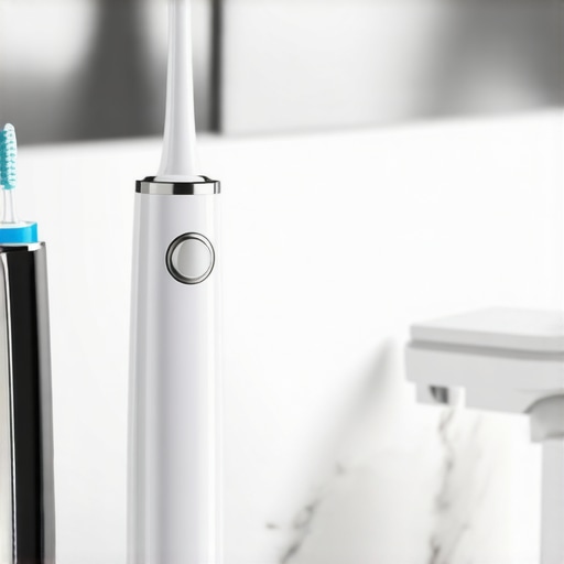 Ultrasonic toothbrush and modern water flosser on a marble vanity representing advanced dental care