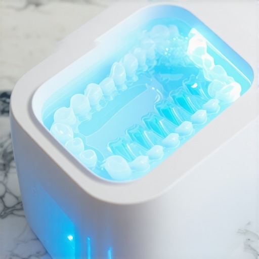 Ultrasonic cleaner with Invisalign trays inside showing cavitation bubbles