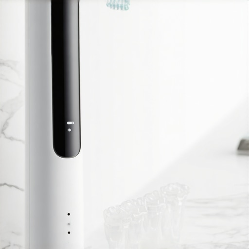 Modern water flosser cleaning clear Invisalign aligners on a bathroom counter.