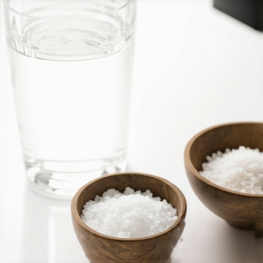 Homemade Saline Rinse for Gum Boil Relief A glass of warm water and a bowl of salt for preparing an oral rinse.