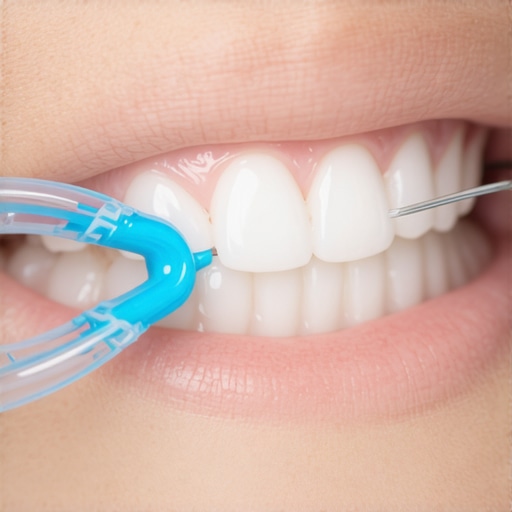 Close-up of threading dental floss under a fixed orthodontic retainer wire
