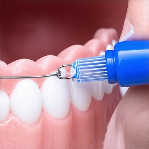 Close-up of dental floss threader cleaning under a fixed wire retainer