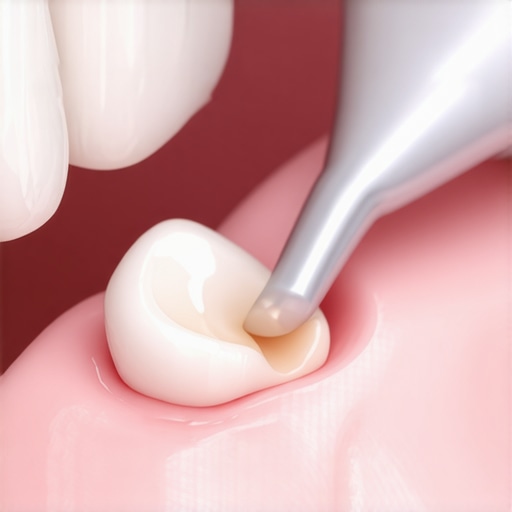 A professional dentist performing a cleaning to address biofilm and gum irritation.