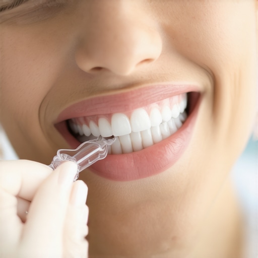 Inserting Clear Orthodontic Aligner Correctly A patient putting in a clear Invisalign aligner tray to show proper fit and attachment placement.